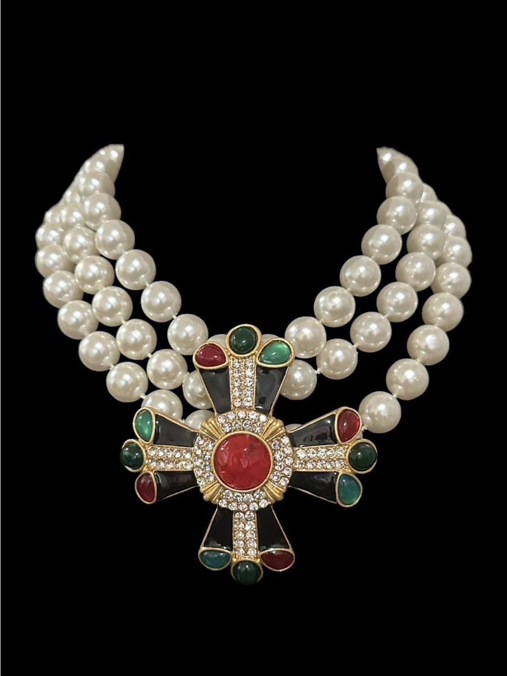 Elegant Pearl Multi-Strand Necklace with Red & Green Cross Pendant